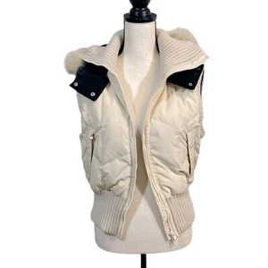 DKNY Cream Puffer Down Vest with Detachable Fox Fur Trimmed Hood Size Large - Picture 1 of 10