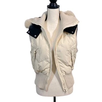 DKNY Cream Puffer Down Vest with Detachable Fox Fur Trimmed Hood Size Large - Image 1 of 4