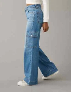 American Eagle Jeans High Rise Waisted Cargo Baggy Wide Leg Stretch 000 Short - Picture 1 of 6