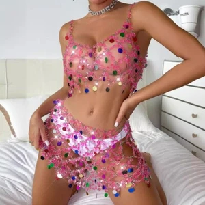 Women Metal Chain Rhinestone Bralette Skirt Rave Party Shiny Body Jewelry Pink - Picture 1 of 21