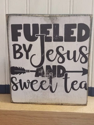 Jesus And Sweet Tea Shelf Sitter Real Wood Decoupage Picture ModPodge Handmade - Image 1 of 4