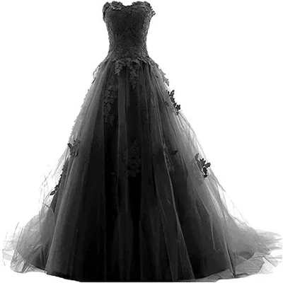 A-Line Wedding Dress Sweetheart Sleeveless Tulle Gothic Lace Applique Bride Gown - Image 1 of 4