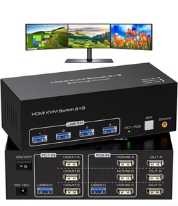 8K 60Hz HDMI KVM Switch 3 Monitors 2 Computers 4K 120Hz USB 3.0 KVM - Picture 1 of 3