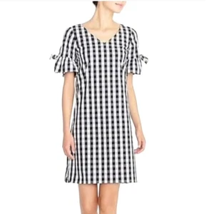 J. Crew Factory Neu mit Etikett Gingham-Kleid V-Ausschnitt Bindeärmel schwarz weiß Größe S - Bild 1 von 11