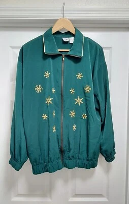 Sport Savvy Jacket Women's Size Large Green & Gold Full Zip Christmas Snowflake  - Image 1 of 4