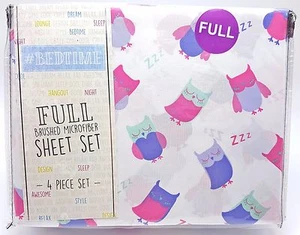 Girls Full Sheet Set Sleepy Owl Pink Purple 4pc New Soft Easy Care - Picture 1 of 2