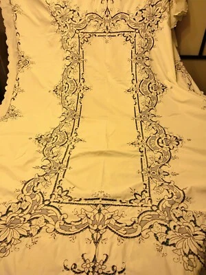 Grande nappe en coton crème avec broderie grège - Photo 1/3