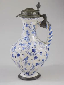 Alter Fayencekrug Zinnmontur Enghalskrug Blaue Vogel Blumenmalerei Ansbach 1750 - Picture 1 of 1