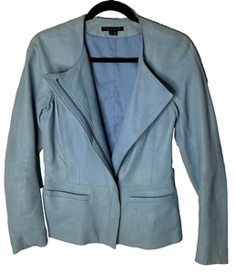 Theory Lamb Leather Motorcycle Jacket Sz 6 Blue Moto Zip *Light Marks* Blazer - Picture 1 of 18