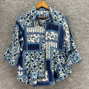 Cato Shirt Women L Large Blue Floral Button Up Collared 3/4 Sleeve Rayon Casual - Picture 1 of 9