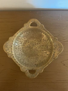 Vintage Etched Brass Open Handled Square Shaped Bowl Dish Made In India - Picture 1 of 5