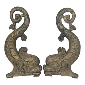 Antique Neoclassical Cast Iron Dolphin  Andirons 14" Tall - Picture 1 of 12