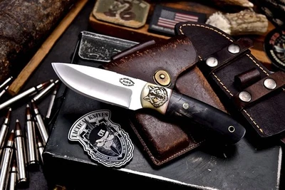 CFK Handmade AUS 8 Custom WOLF SCRIMSHAW Camel Bone Bison Horn Hunting Knife - Image 1 of 4