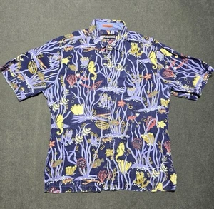 Reyn Spooner Blue Fish AOP Sea Life Hawaiian Linen Button Front Hawaiian Size M - Picture 1 of 7