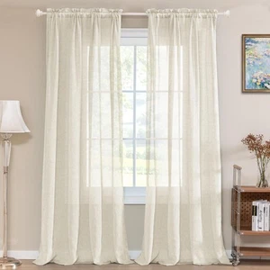 Natural Linen Blended Window Curtain Panels Semi Sheer Curtains 84 Inches Lon... - Picture 1 of 7