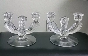 Vintage Pair Art Deco Etched Glass Double Candle Stick Holders - Picture 1 of 6