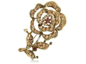 ChicGolden Tone Amber Topaz Brown Rose Petal Flower Stem Costume Pin Brooch - Picture 1 of 4