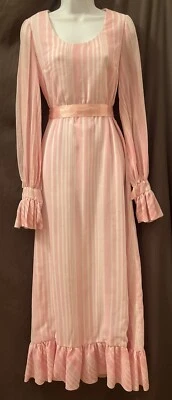Maxi Vestido De Colección Rosa Blanco Rayas Algodón Victoriano Eduardiano Pradera Baile de graduación Talla M Foto 1 de 4