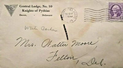 Dover Delaware Postal Cover KNIGHTS OF PYTHIAS NO. 10 LODGE Fraternal KOP 1935 - Image 1 of 4
