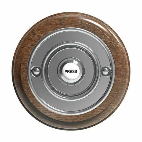 Traditional Round Wired Doorbell in Tudor Oak and Chrome Cover