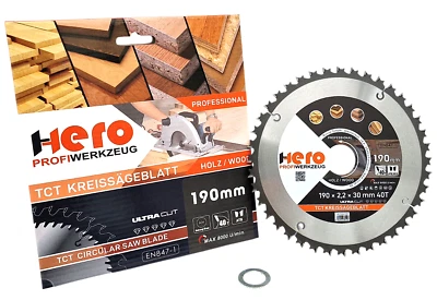 HERO PROFIWERKZEUG Kreissägeblatt 190 x 30/20 mm 40Z Nagelfest Bauholz Profi HM Sägeblatt TCT HERO