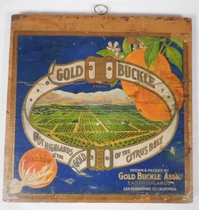 Wood Crate Fruit Advertising Box End Section: Gold Buckle Sunkist Oranges - Picture 1 of 6