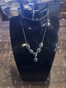 STS Karis Signed 18”-20” Malachite Stone Deep Necklace Silver Tone Adjustable - Picture 1 of 5