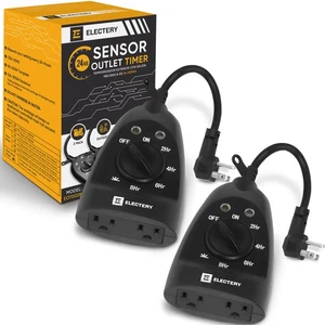 Outdoor Timer Outlet 2-Pack, Black Waterproof Dusk-to-Dawn Plug-in with Light... - Picture 1 of 8