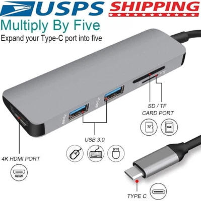Leitor de cartão 5 em 1 hub USB C 4K HDMI SD/TF USB 3.0 portas rápidas para MacBook Pro HP - Imagem 1 de 4