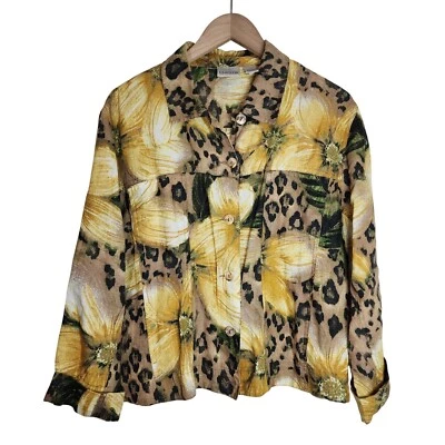 Chico's Jacket Top Women's 2 (Large) Button Up Linen Floral Animal Print - Image 1 of 4