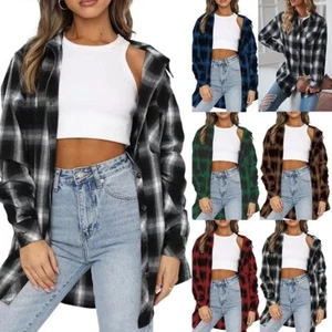 Women's Long Sleeve Check Plaid Flannel Button-Up Shirt Chest Pocket Oversized - Picture 1 of 25