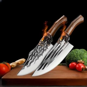 Handmade Forged Kitchen Chef Knife Set 2PCS Boning Cleaver Knives Wooden Handle - Picture 1 of 9