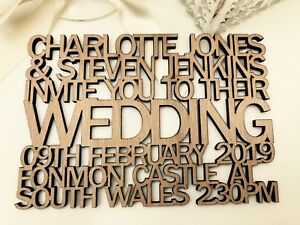 Personalised Wooden Wedding Invitations. Cut Out Text Info. Vintage, Rustic.