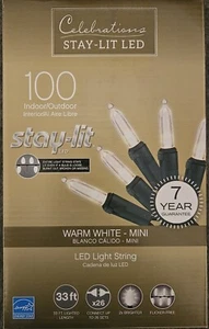 Celebrations Stay-Lit-LED 100 Indoor/Outdoor Mini Warm White String Lights - Picture 1 of 4