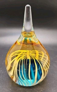 Tear rain Drop Art Glass Paperweight Ring Holder Amber/teal white 12cms tall - Bild 1 von 4