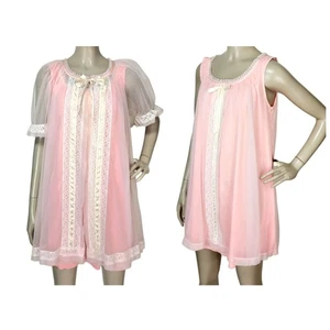 Tosca Vintage 60er rosa Chiffon Spitze Peignoir Dessous Nachthemd & Morgenmantel Set - Bild 1 von 13