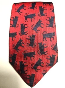 BEN SILVER - English Silk Handmade Tie Animal Pattern - RED WITH BLACK BULLS - Picture 1 of 7