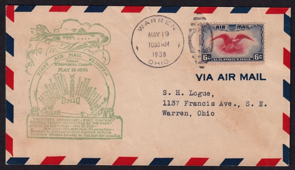 1938 National Air Mail Week NAMW Warren Ohio OH with official cachet Sc C23 - Image 1 of 1