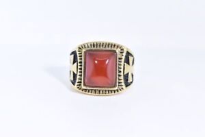 Gold Plated Stainless Steel Genuine Carnelian Size 8.25 Men's Cross Ring