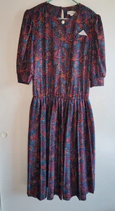 Vintage Drop Waist Dress Pleated  Floral Juniors Size 15/16 Shoulder Pads - Picture 1 of 8