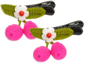 Cute CHERRY Häkel Kirschen FLOWER Haarclips Haarspangen Pink 1 Paar Rockabilly - Bild 1 von 2