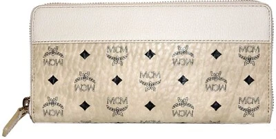 Cartera MCM Aren Visetos Cuero Beige Claro Cremallera Alrededor Cartera Continental Foto 1 de 4