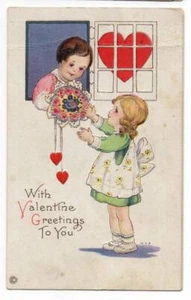 VINTAGE A/S ME PRICE VALENTINE POSTCARD BOY WINDOW GIVES GIRL NOSEGAY 013121 Q - Picture 1 of 2