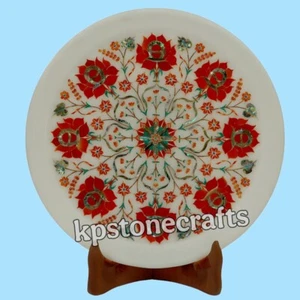 12" White Marble Wall Plate – Pietra Dura Floral Art with Paua Shell, Carnelian, - Picture 1 of 6