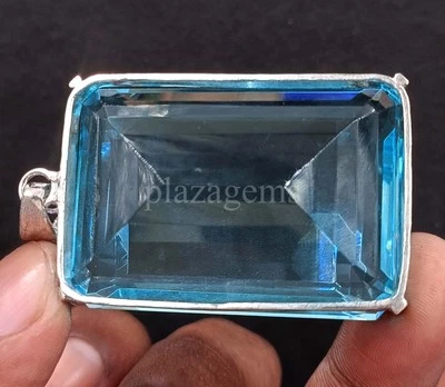 245 CT EMERALD CUT NATURAL BLUE AQUAMARINE EGL 925 SILVER PENDANT GEMSTONE 5ARC - Image 1 of 4