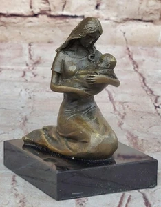100% Solid Bronze Mother Infant Child Sculpture Lost Wax Method Sculpture - Picture 1 of 10