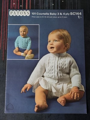 Vintage Patons 101 Courtelle Baby 3 & 4 ply SC144 Cardigan Knitting Pattern  - Image 1 of 3