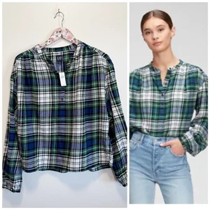 NWT GAP Shirred Henley Popover Blouse Top Shirt Green Blue Plaid M Medium - Picture 1 of 11