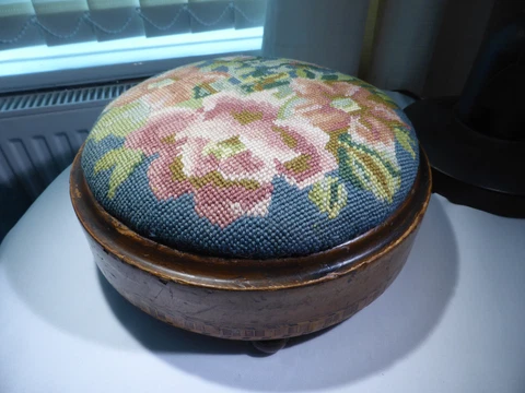 Antique Victorian Tapestry Round Footstool Tunbridgeware Inlay Wood Veneer 10.5" Cover