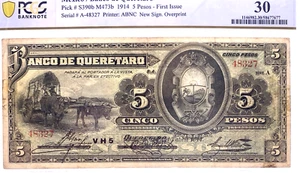 PCGS 1914 5 Peso Banco De Queretaro First Issue Very Fine 30 Note. Lot.9 - Picture 1 of 10